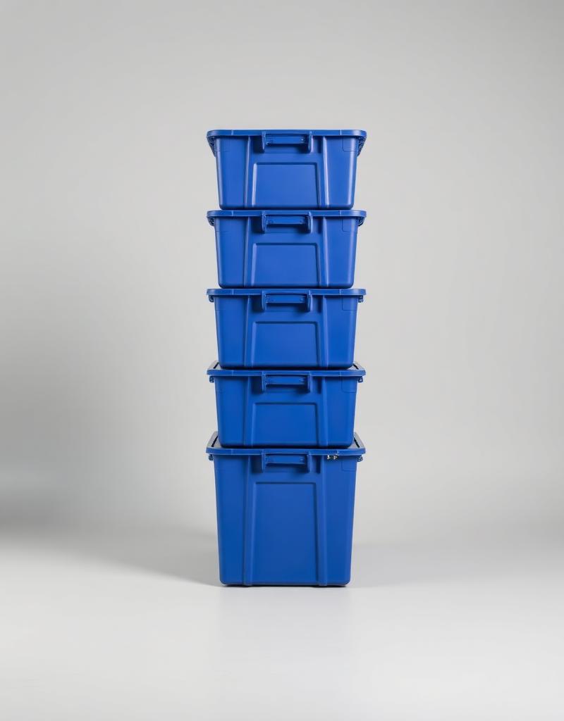 Stack of five durable blue moving totes from Clean Moves